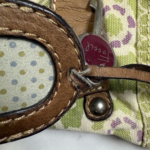 Fossil Crossbody Boho Purse Canvas Leather Trim Weekender Bag Green Floral Brass - Picture 10 of 12